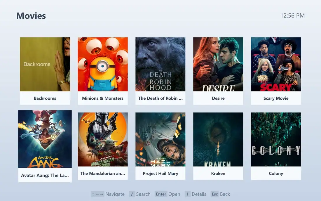 EverythingBox browsing a film library, the selection moving across the posters